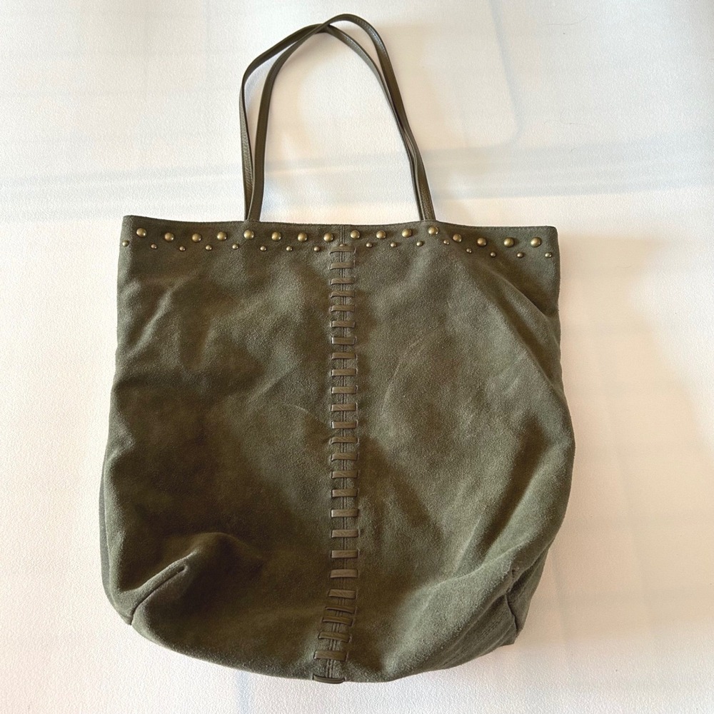 Chi by Falchi Suede Tote Bag Womens Large Olive Green Studded Boho Shoulder Bag